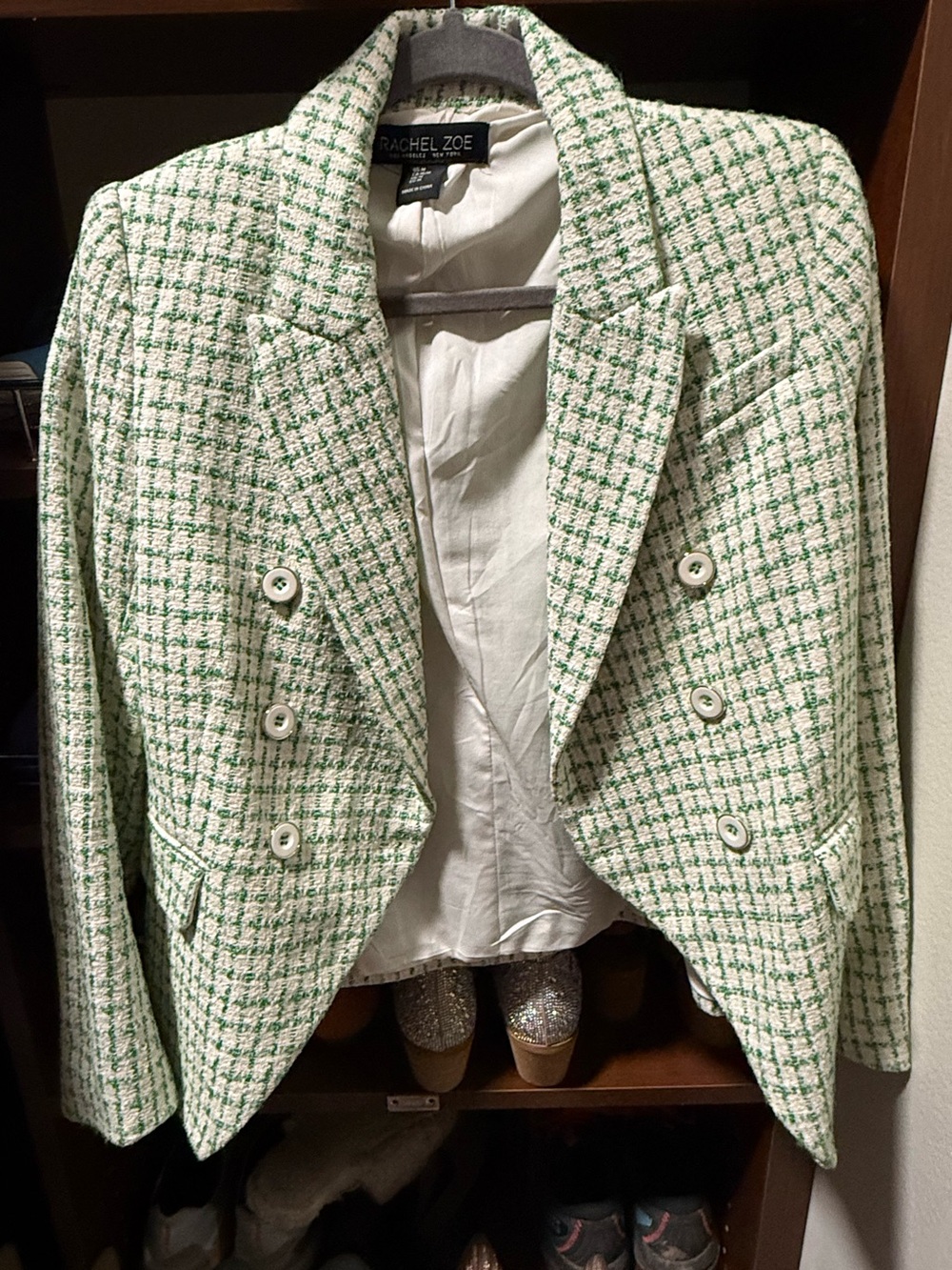 Rachel Zoe Green and White Tweed Double-Breasted Blazer Jacket